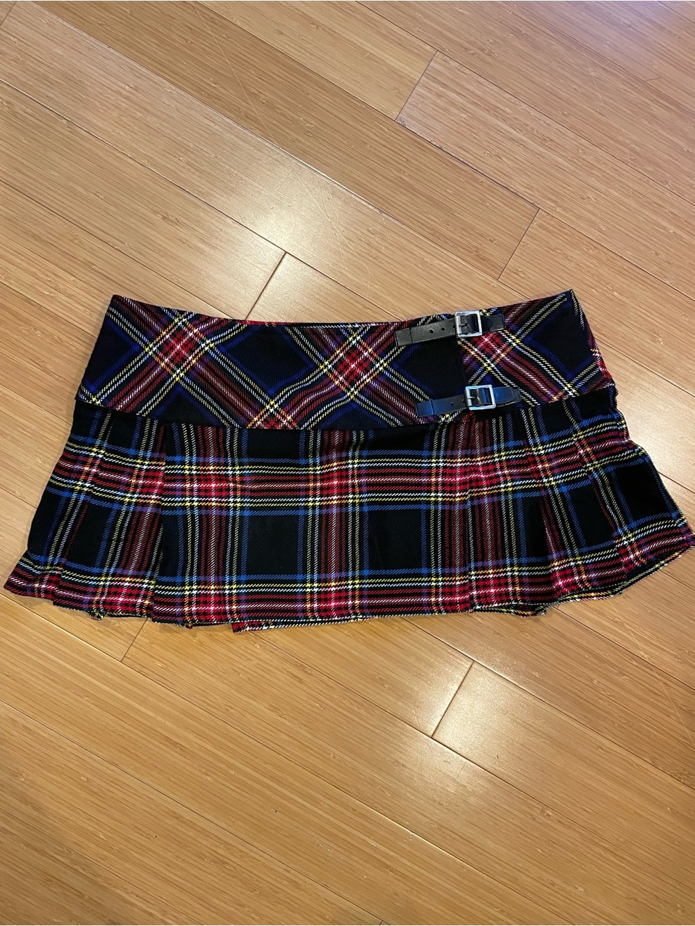 Black Red Plaid Pleated Mini Skirt with Buckle Detail